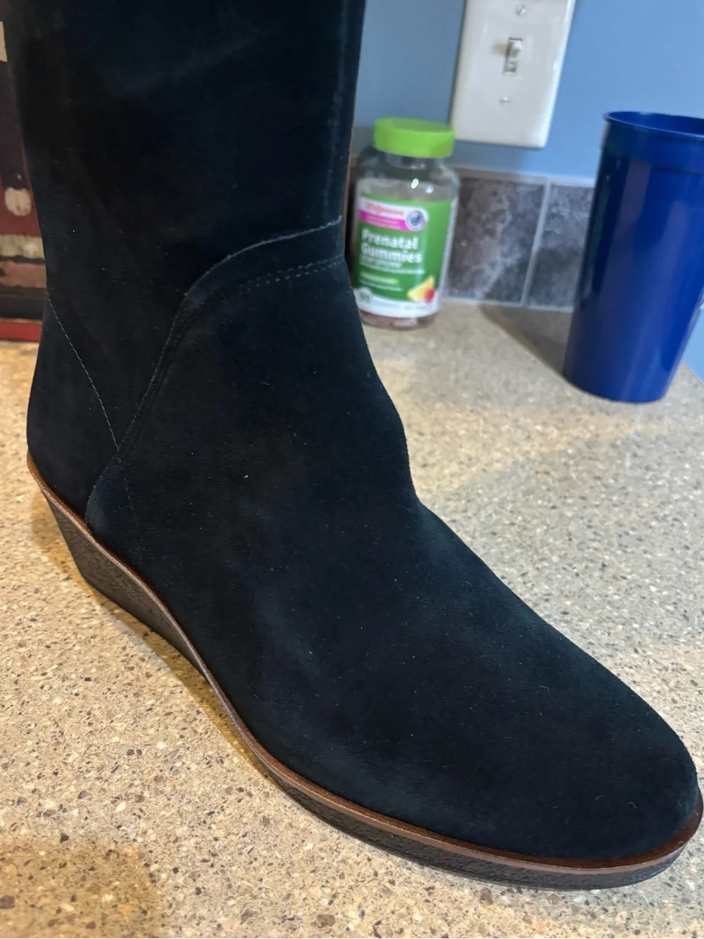 AEROSOLES Black Suede Knee Wedge Boots